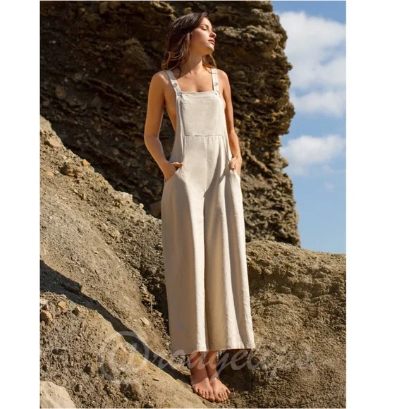 Linen Blend Casual Beige Overalls Pockets Jumpsuit Wide Leg - Picture 3 of 7